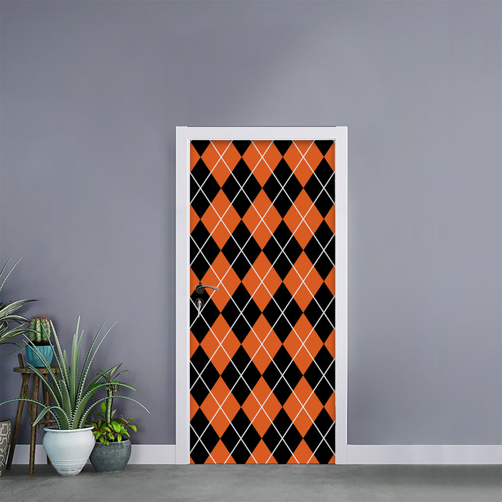 Orange And Black Argyle Print Door Sticker