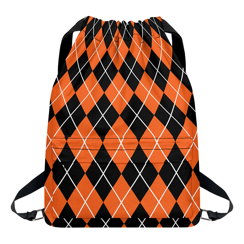 Orange And Black Argyle Print Drawstring Backpack