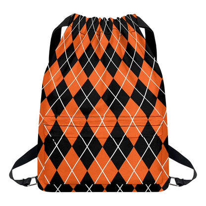 Orange And Black Argyle Print Drawstring Backpack