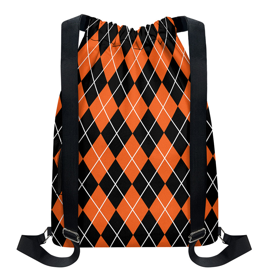 Orange And Black Argyle Print Drawstring Backpack