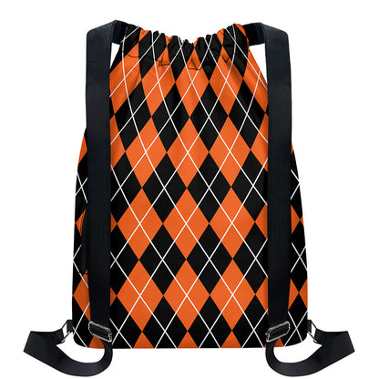 Orange And Black Argyle Print Drawstring Backpack