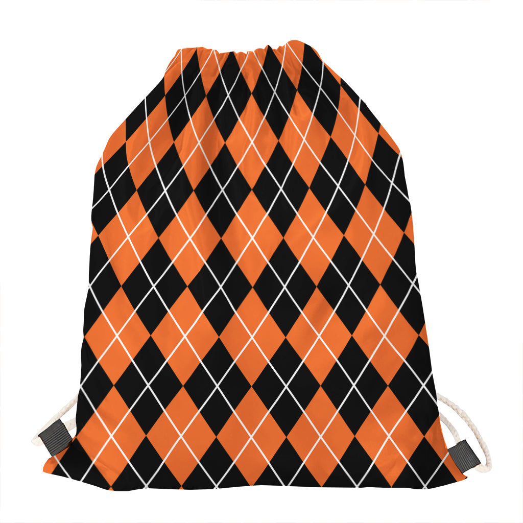 Orange And Black Argyle Print Drawstring Bag