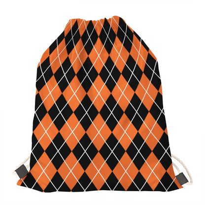 Orange And Black Argyle Print Drawstring Bag