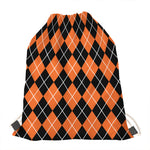 Orange And Black Argyle Print Drawstring Bag