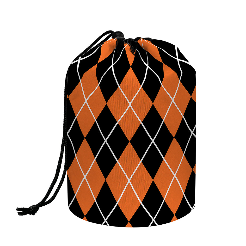 Orange And Black Argyle Print Drawstring Makeup Bag