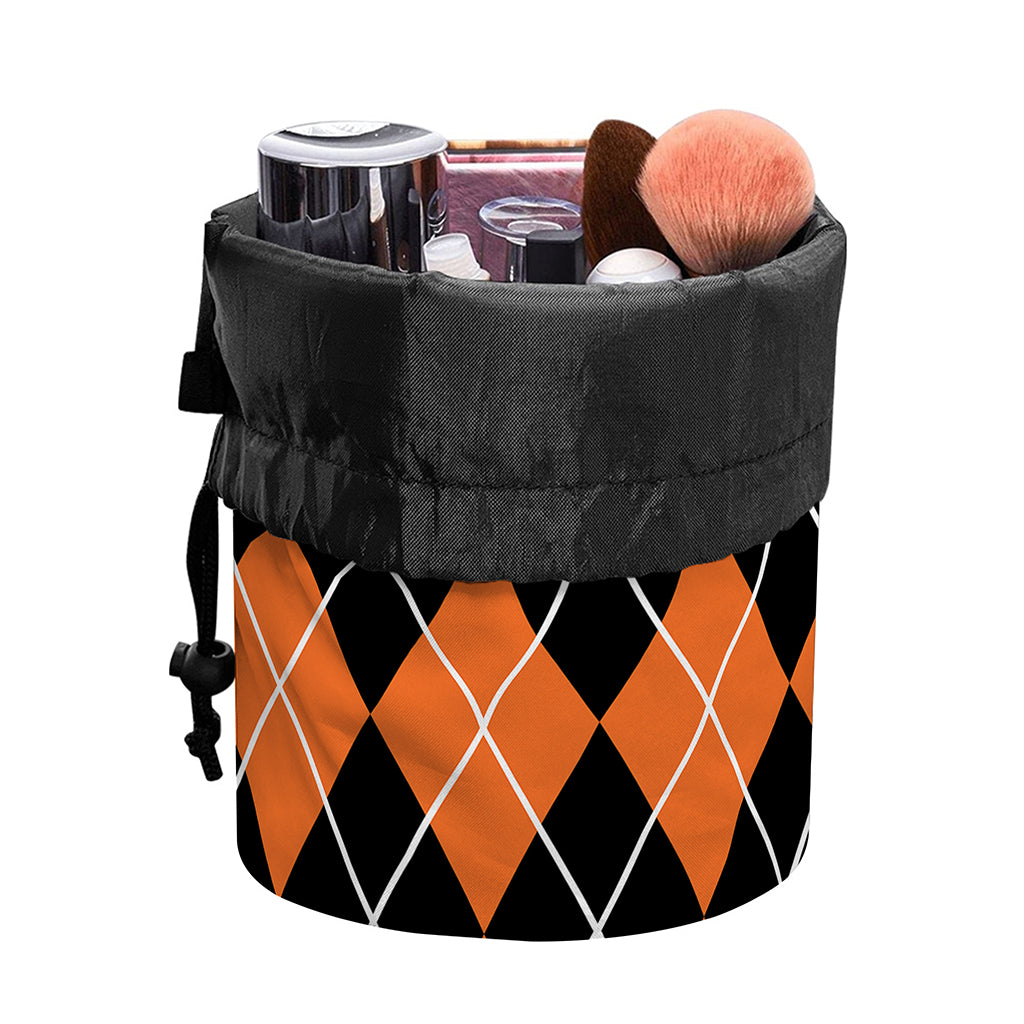 Orange And Black Argyle Print Drawstring Makeup Bag