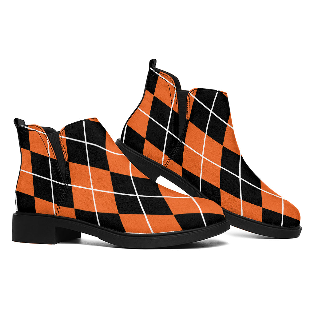 Orange And Black Argyle Print Flat Ankle Boots