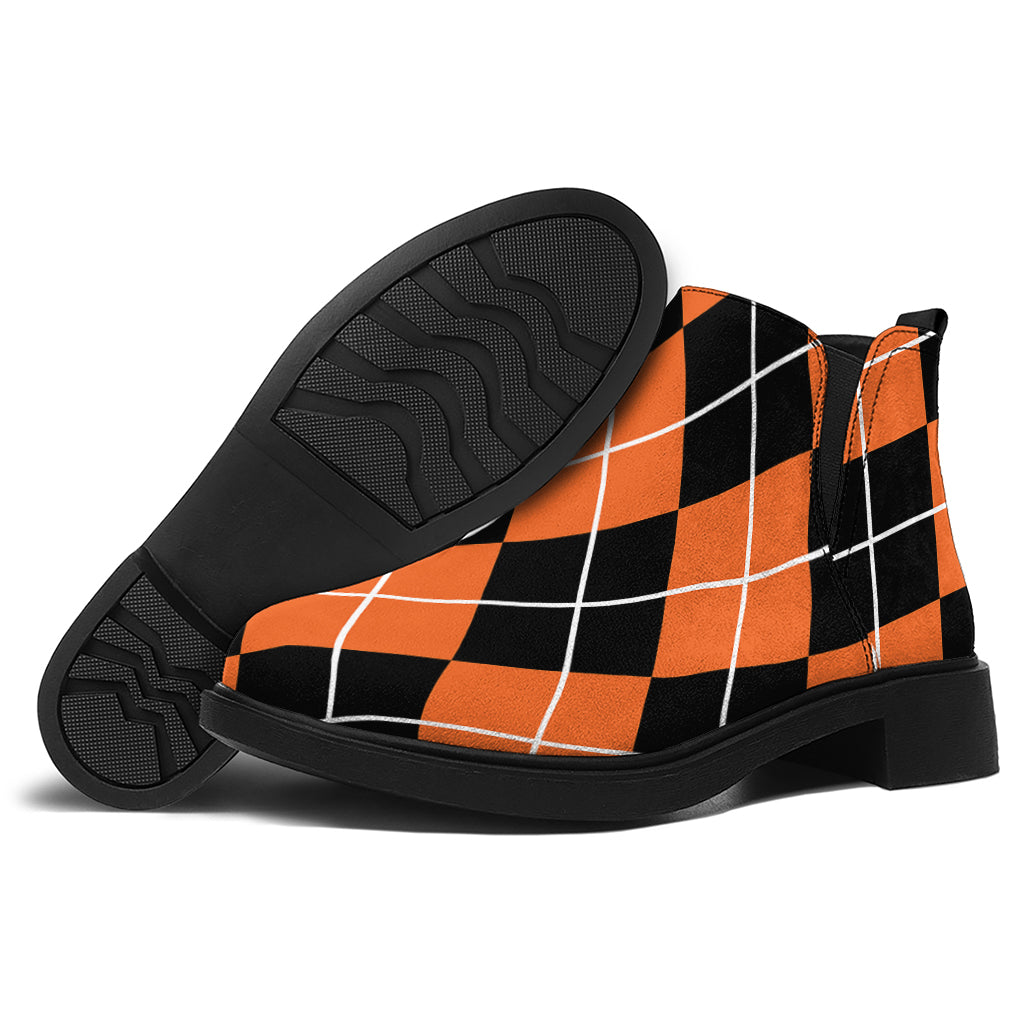 Orange And Black Argyle Print Flat Ankle Boots