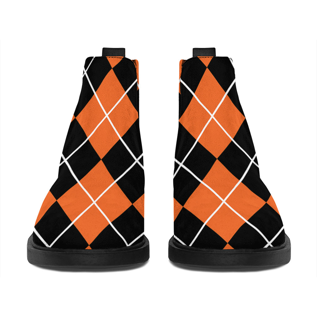 Orange And Black Argyle Print Flat Ankle Boots