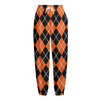 Orange And Black Argyle Print Fleece Lined Knit Pants