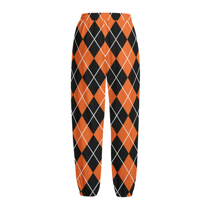 Orange And Black Argyle Print Fleece Lined Knit Pants