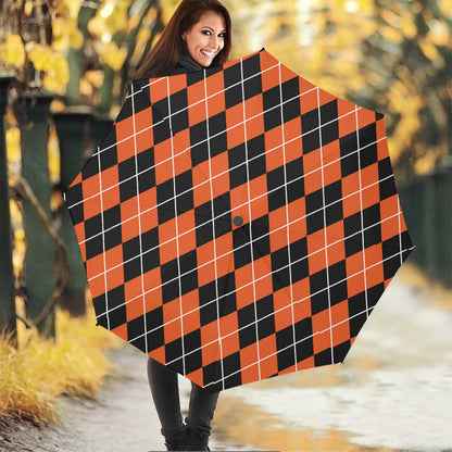 Orange And Black Argyle Print Foldable Umbrella