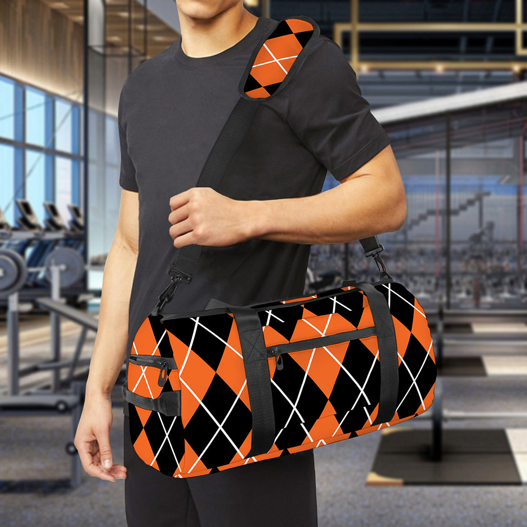 Orange And Black Argyle Print Gym Bag