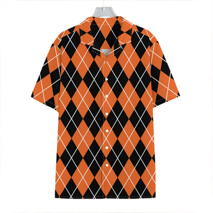 Orange And Black Argyle Print Hawaiian Shirt