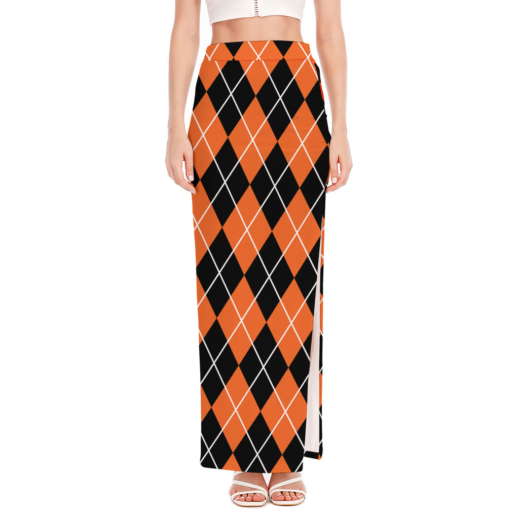 Orange And Black Argyle Print High Slit Maxi Skirt