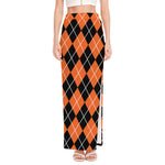 Orange And Black Argyle Print High Slit Maxi Skirt