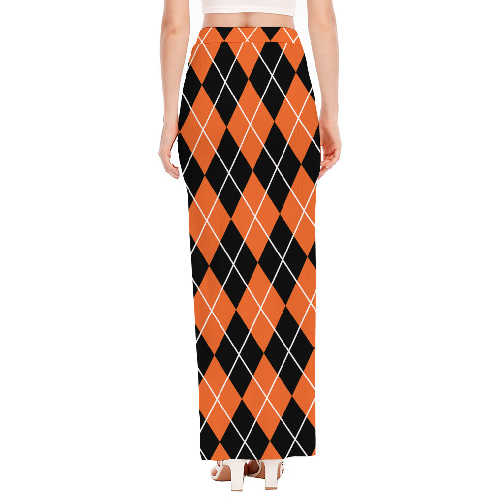 Orange And Black Argyle Print High Slit Maxi Skirt
