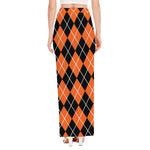 Orange And Black Argyle Print High Slit Maxi Skirt