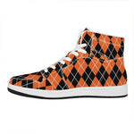Orange And Black Argyle Print High Top Leather Sneakers