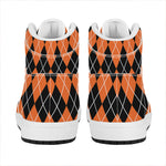 Orange And Black Argyle Print High Top Leather Sneakers