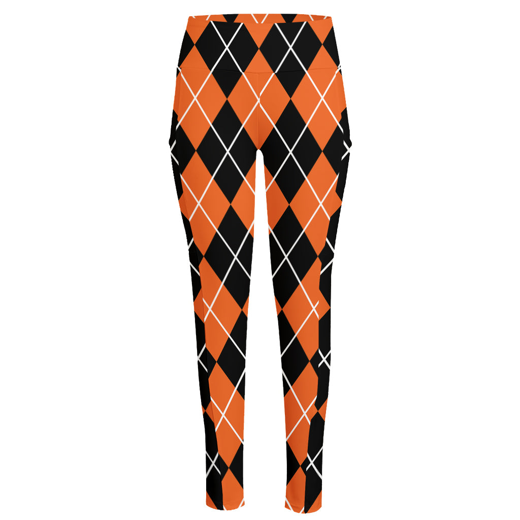 Orange And Black Argyle Print High-Waisted Pocket Leggings