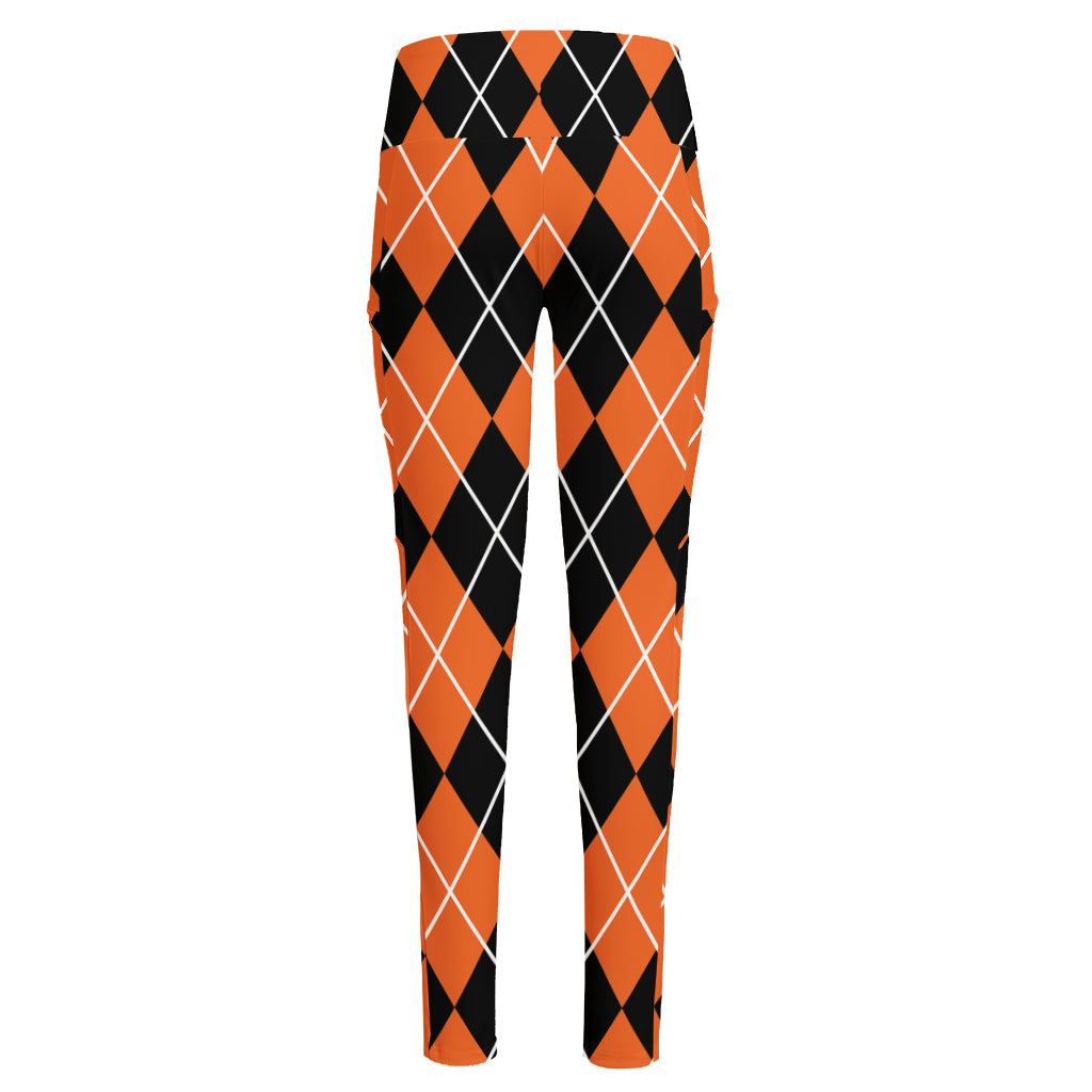 Orange And Black Argyle Print High-Waisted Pocket Leggings