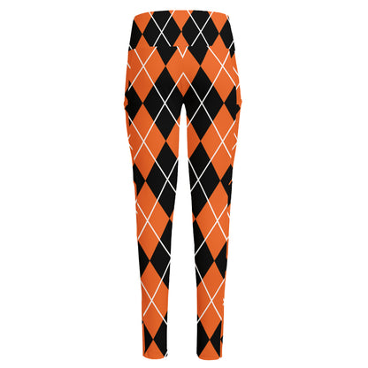 Orange And Black Argyle Print High-Waisted Pocket Leggings
