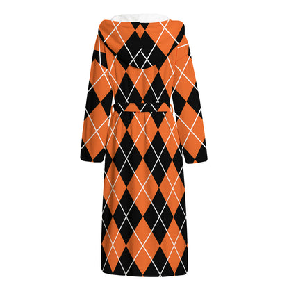Orange And Black Argyle Print Hooded Bathrobe