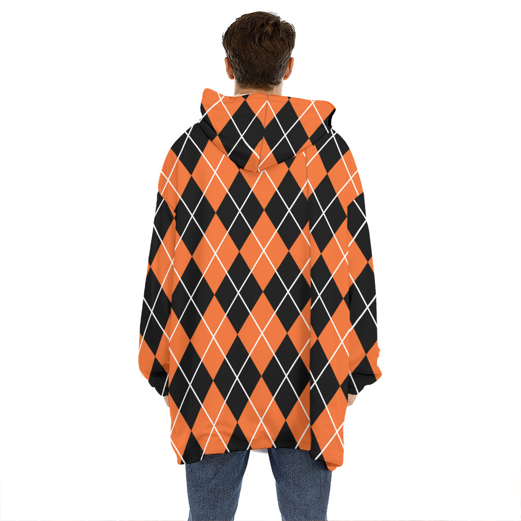 Orange And Black Argyle Print Hoodie Blanket