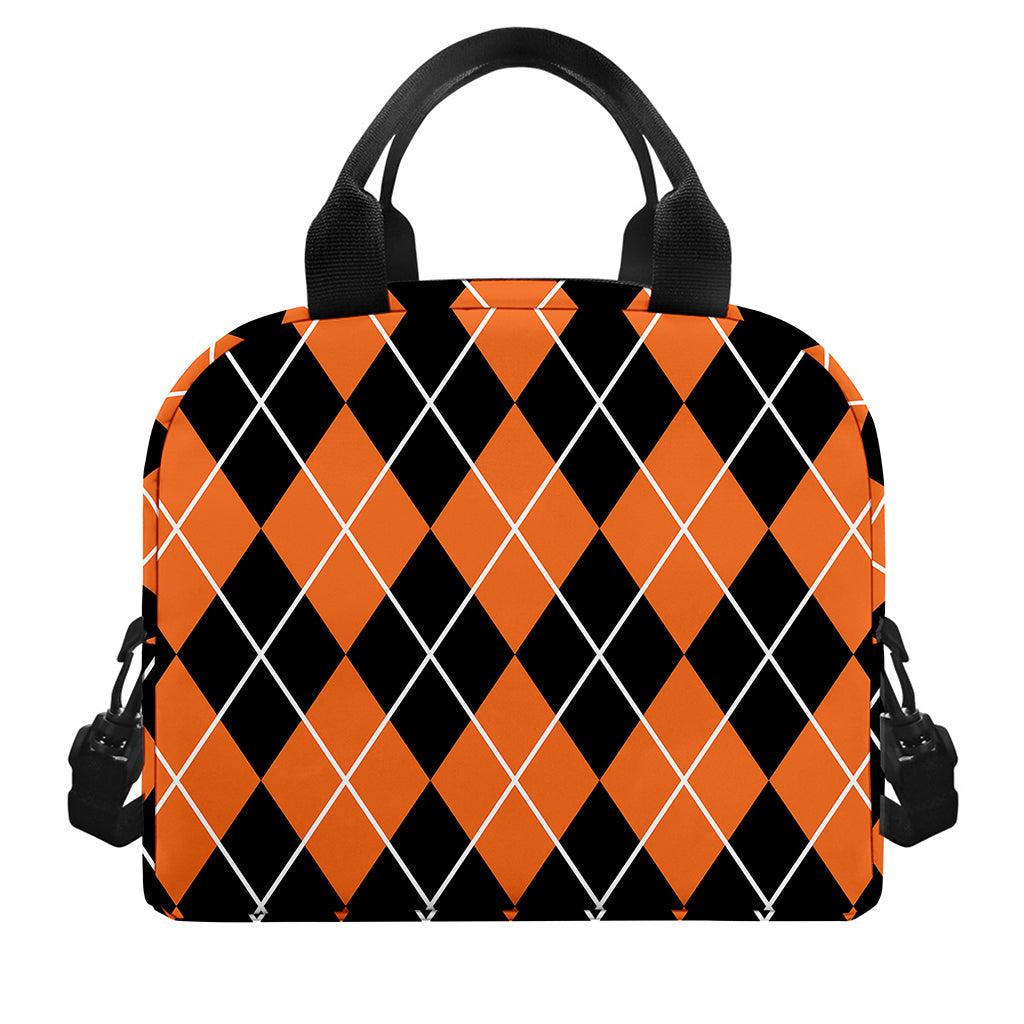 Orange And Black Argyle Print Insulated Lunch Bag