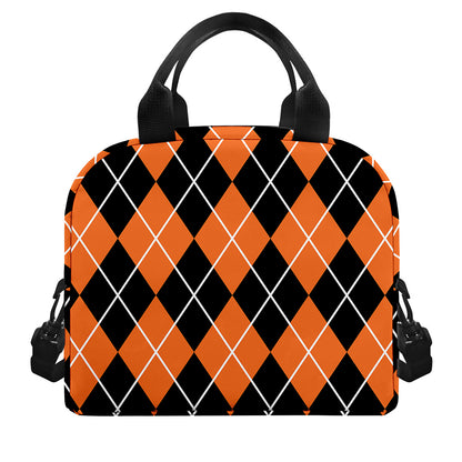 Orange And Black Argyle Print Insulated Lunch Bag
