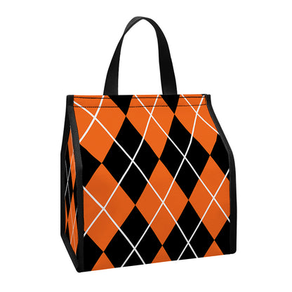 Orange And Black Argyle Print Insulated Lunch Tote