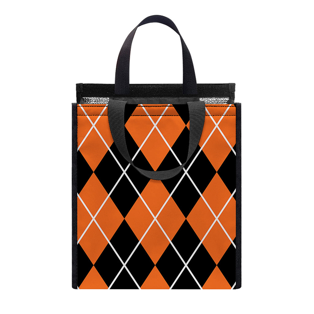 Orange And Black Argyle Print Insulated Lunch Tote
