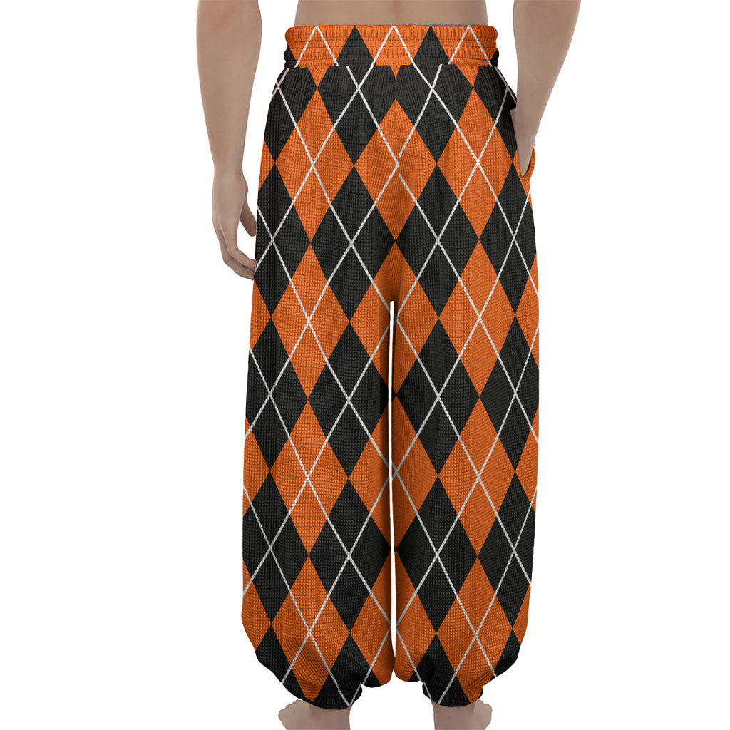 Orange And Black Argyle Print Lantern Pants
