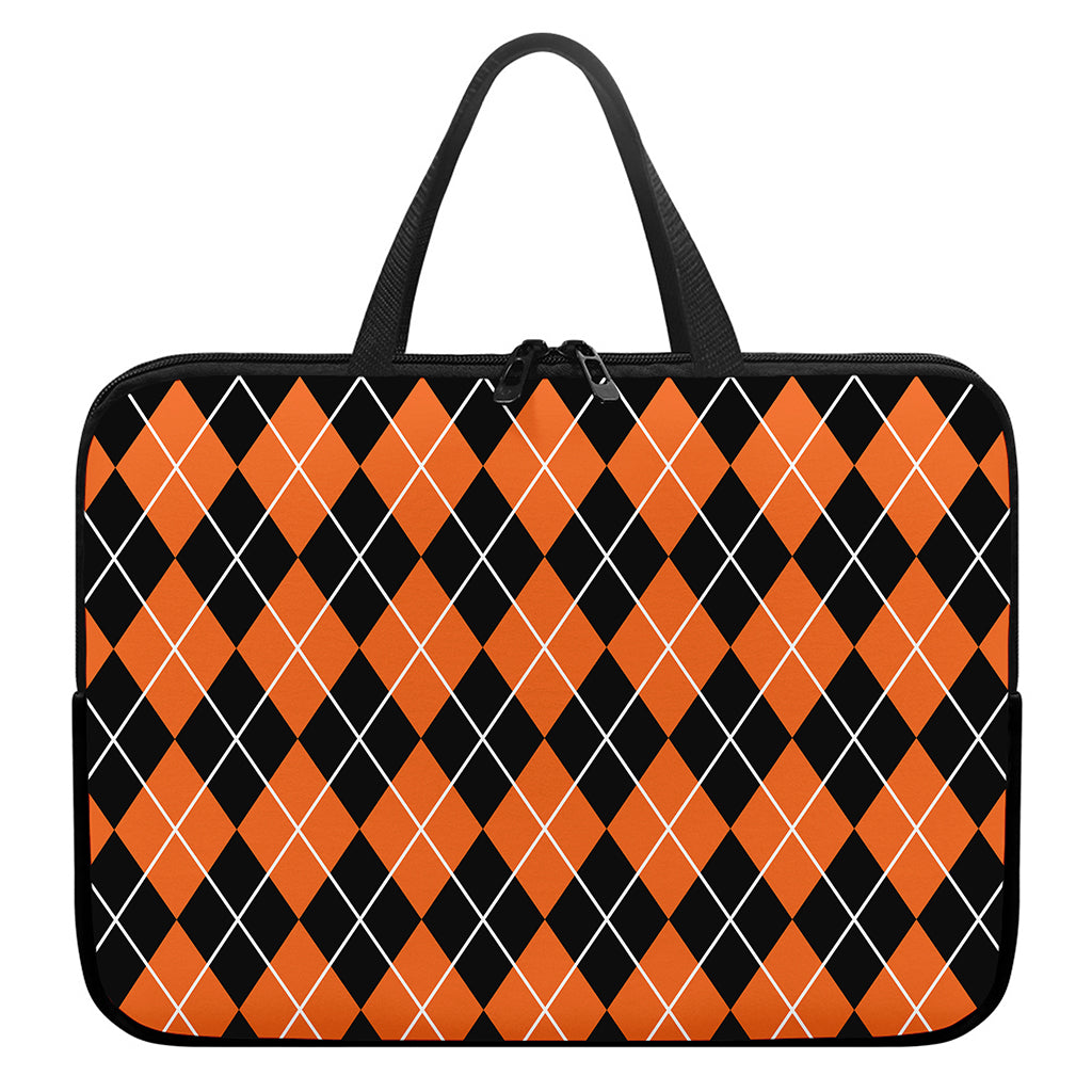 Orange And Black Argyle Print Laptop Sleeve With Handle