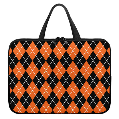 Orange And Black Argyle Print Laptop Sleeve With Handle