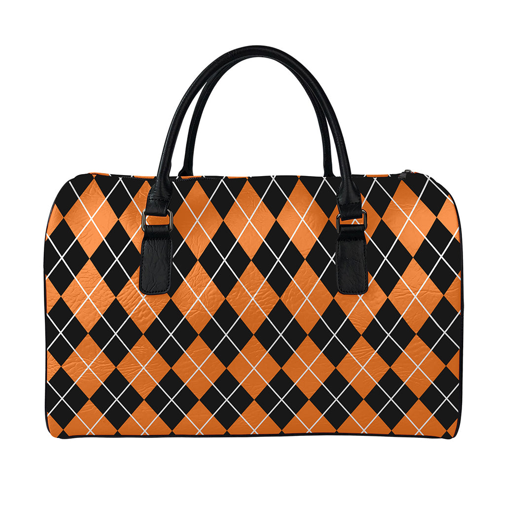 Orange And Black Argyle Print Leather Duffle Bag
