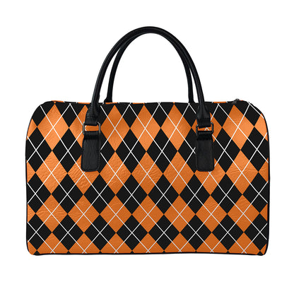 Orange And Black Argyle Print Leather Duffle Bag