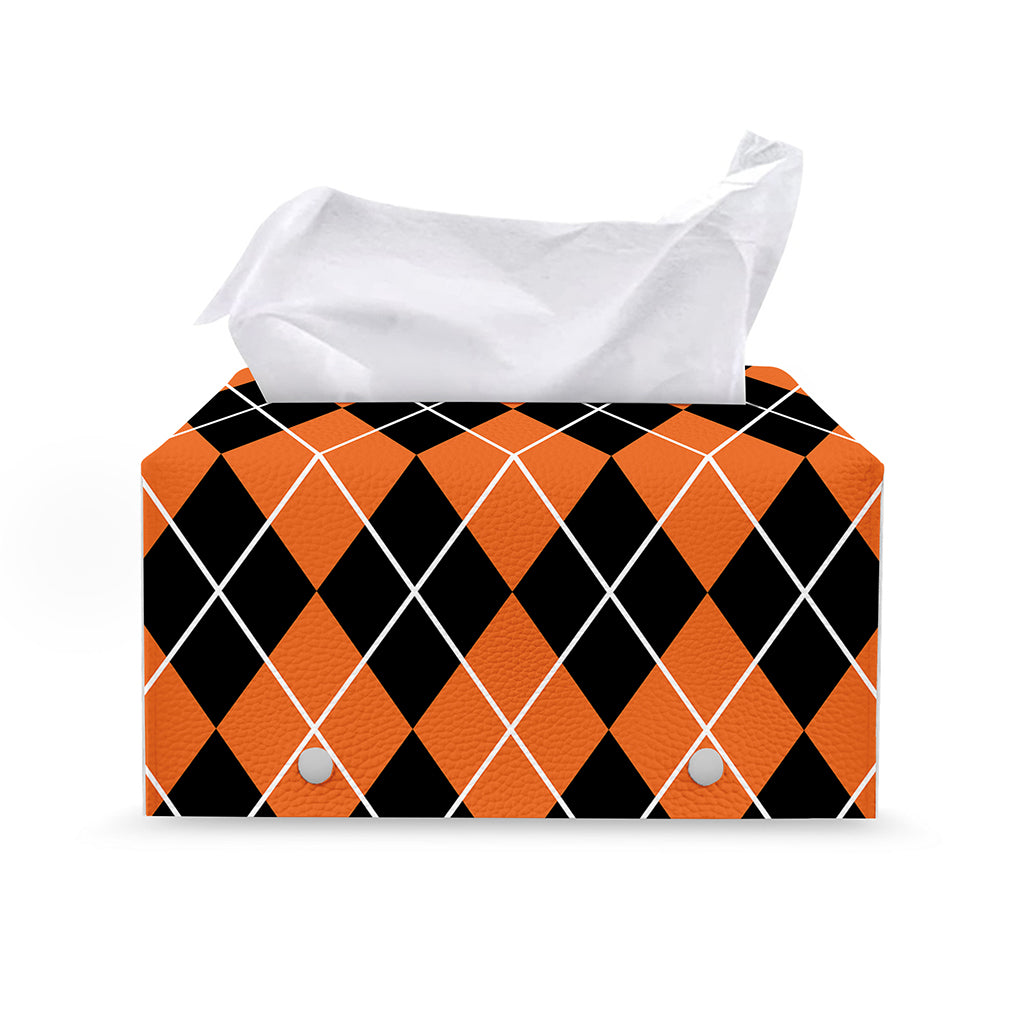 Orange And Black Argyle Print Leather Tissue Box Cover