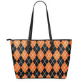 Orange And Black Argyle Print Leather Tote Bag With Zipper