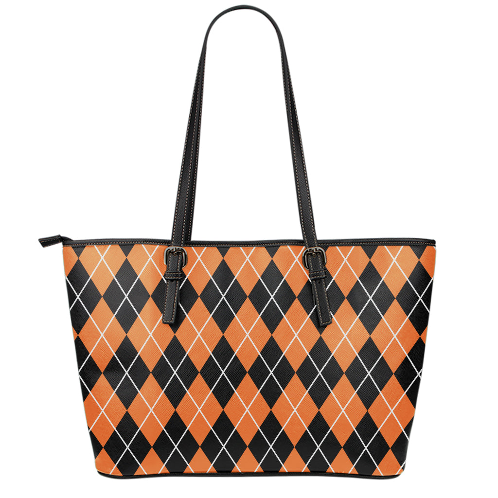 Orange And Black Argyle Print Leather Tote Bag