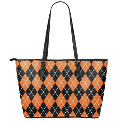 Orange And Black Argyle Print Leather Tote Bag