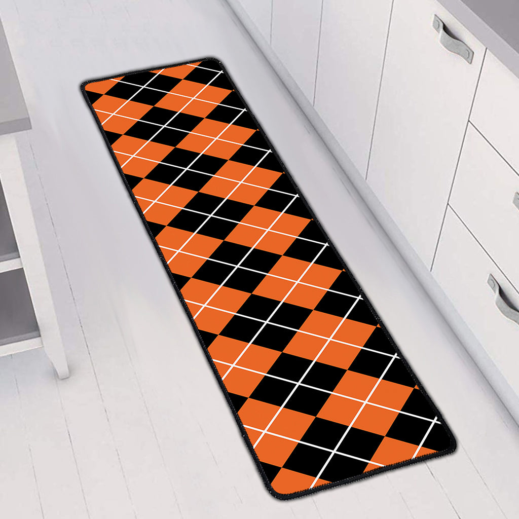 Orange And Black Argyle Print Long Kitchen Mat