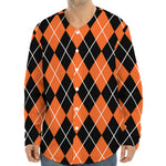 Orange And Black Argyle Print Long Sleeve Baseball Jersey