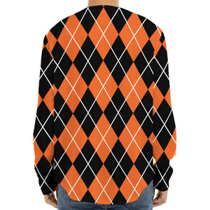 Orange And Black Argyle Print Long Sleeve Baseball Jersey