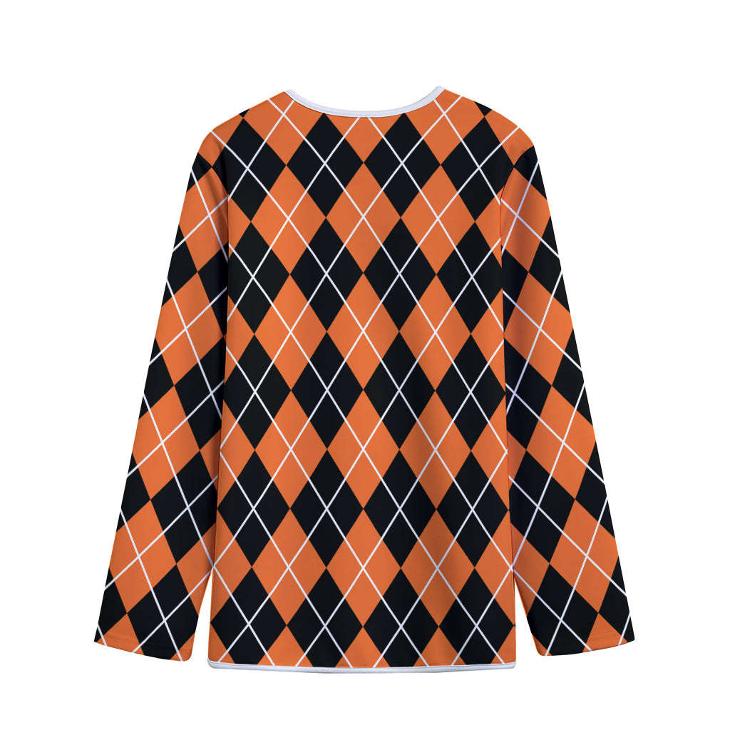 Orange And Black Argyle Print Long Sleeve Short Coat