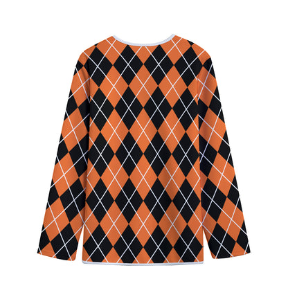 Orange And Black Argyle Print Long Sleeve Short Coat