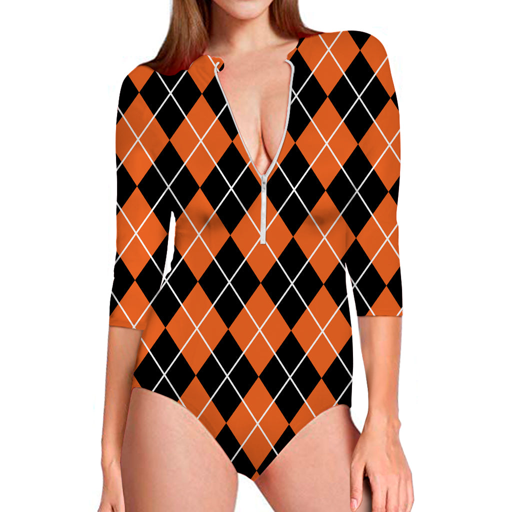 Orange And Black Argyle Print Long Sleeve Swimsuit