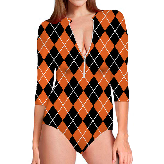 Orange And Black Argyle Print Long Sleeve Swimsuit