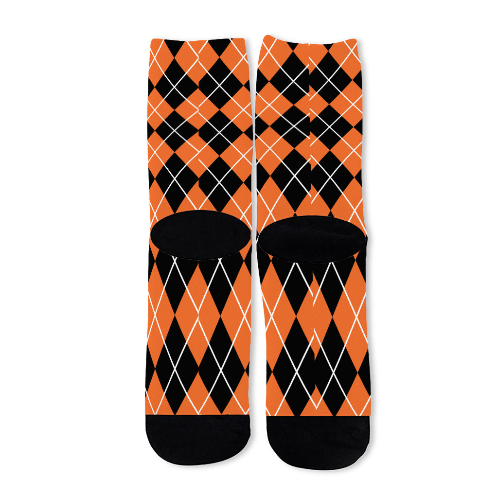 Orange And Black Argyle Print Long Socks